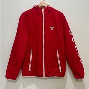 GUESS Unisex Red Zip Up Rain Jacket with Hoddie Sz MD